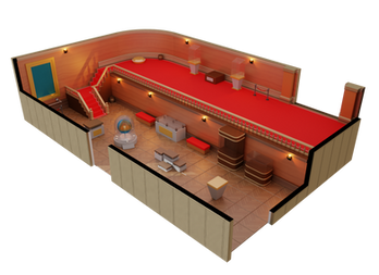 The room is dimly lit with a warm orange glow, and the walls are empty.  In the center of the room is a large stone table, upon which a model of the earth will be placed. Around the table are several display pillars where different geological specimen will placed on.