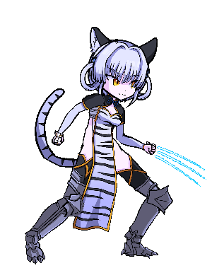 This anime character has an elegant and powerful look to her. She wears a white tiger-themed dress with cat ears that frame the face beautifully, as well giving off some serious feline envy from any other girls who see it! In idle stance she awaits your command: click on them or tap the image to see her attack.