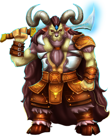 half human, half bull, wearing a pleated armor and holding a hack sword