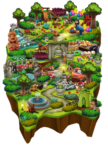 An island map for a game filled with different kinds of dogs! You'll be surprised to spot cute puppies in different parts of this detailed park. From schnauzers to shih tzus, there's a pup for everyone.
