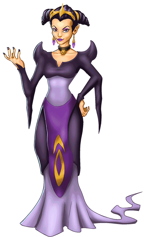 An elegant queen wearing purple dress. The queen was always a dark shadow lurking in the walls of the castle. She could cast dark magic spells and always sought to destroy fairy land.
