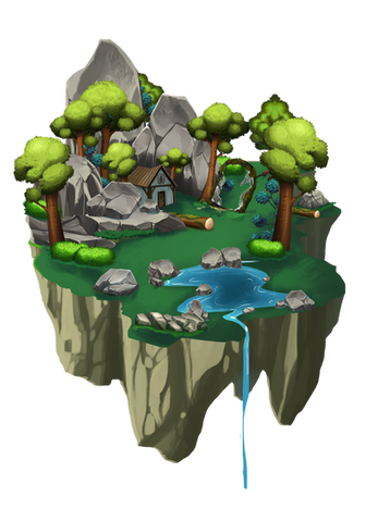 the fairy forest is a mysterious and mystical place. A cabin is nested in between boulders and is surrounded by big trees