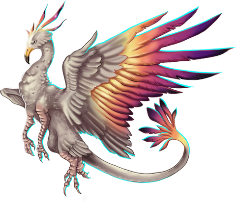 A big giant bird with long neck and white feathers. Its wings are colored in red and yellow, like that of a flame. 