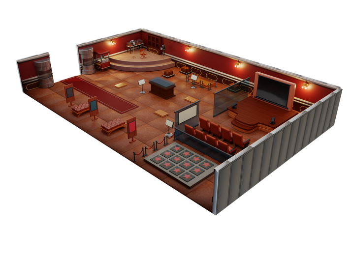 The cinema room environment is dark and foreboding, with a large screen in the center of the room. The seats are all empty,. 