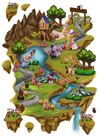 The island features a small river where cats can swim, a cute cat house, and plenty of places for them to play