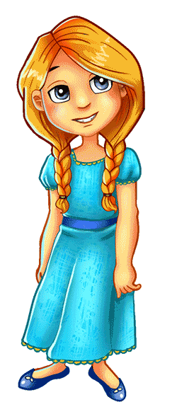 A tough and sassy girl with blonde ponytails. She's wearing a blue dress and blue slippers