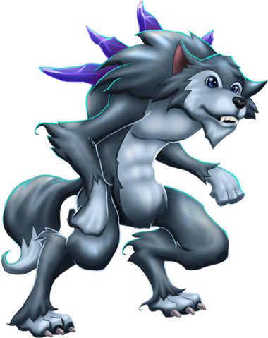 Big Friendly Werewolf, with purple streaks of gems protruding from its back.