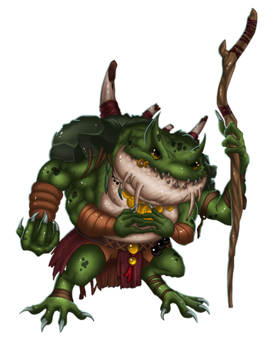 An old bulky toad standing in two feet holding an old tree branch as it's staff