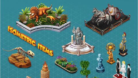 Museum Adventure's website offers a variety of isometric game assets featuring different statues, dinosaur fosssils and other elements.