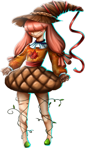 Acornia the acorn nymph. wearing a pointy hat and an acorn themed outfit. 
