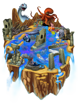 Mermaids and Atlanteans Island is filled with ancient ruins of Atlantis and home to giant sea monsters. Mermaids are often seen swimming in the waters around the island, making it a magical place to visit.