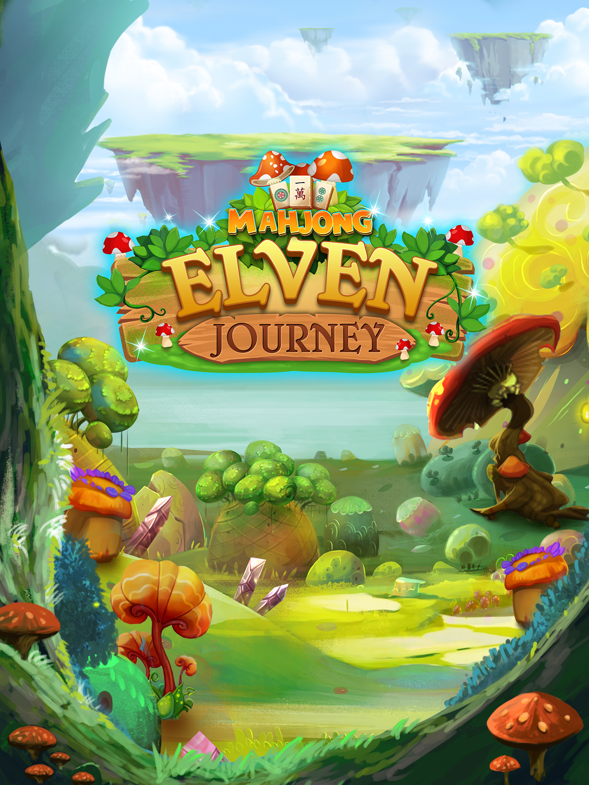 Elven Journey title art  placed in a magical, colorful and mysterious background. The background image features a beautiful landscape of rolling hills and forests, with the sun shining down on the trees.