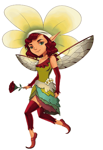 An adorable spring fairy. It's  head is wrapped with a flower hat, and it flaps its wings proudly as if to say "I'm here!"