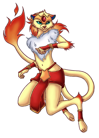 Half cat half human, Pharaoh the Feline has a slender built with long fiery tail