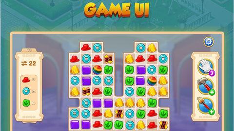 In the Museum Adventure Game, the UI screen for the match 3 game is on the left. The timer and goal are shown at the top of the screen, while the special hint icons are shown on the right. These icons can help players complete the level and advance to the next one.