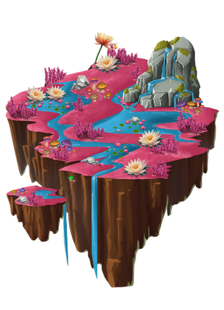 This idyllic land is covered in magenta flora, with streams of crystal blue water flowing from the mountains down to the plains. It's a place of unparalleled beauty and peace, where you can feel truly magical.
