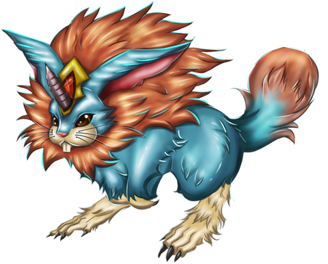 Blue hare with a unicorn and a lion-like mane