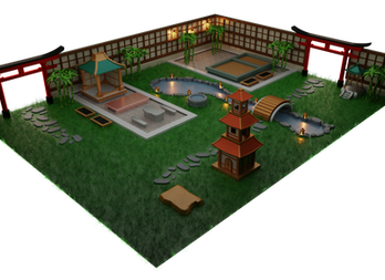 The Zen Garden Room is a lush and serene 3D rendered environment. The room features a tranquil koi pond, bonsai trees, and a zen garden. 