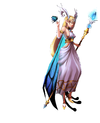 fairy with blue wings and elegant horns, wearing a white gown and holding a magical staff