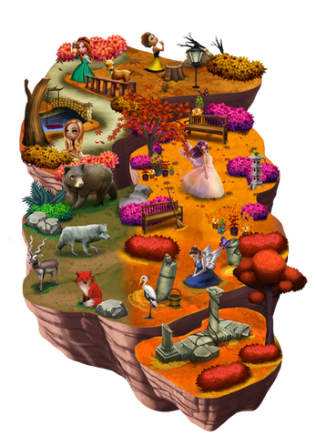 This enchanting forest is filled with beautiful autumn colors, plants and trees. You will also see animals and fairies all around, adding to the magical atmosphere.